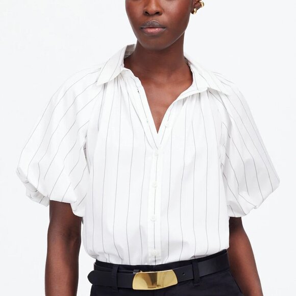 Madewell Tops - Madewell Shirred Bubble-Sleeve Button-Up Shirt Stripes White Size M NWT